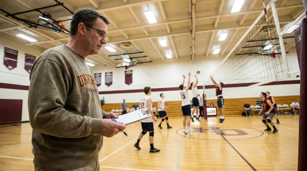 Entraîneur de volleyball analysant les performances de son équipe sur un bloc-notes