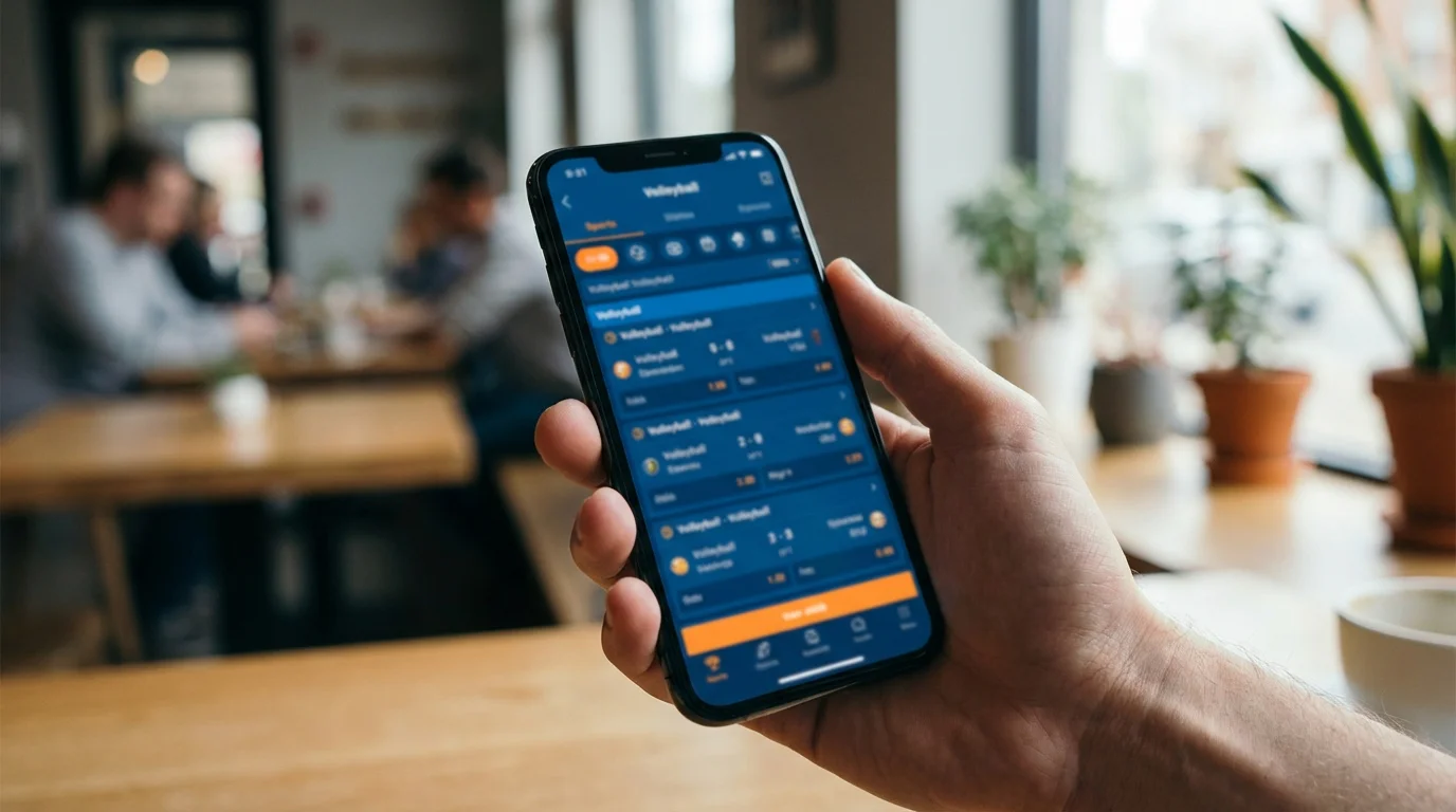 Smartphone tenu en main affichant une application de paris sportifs volleyball