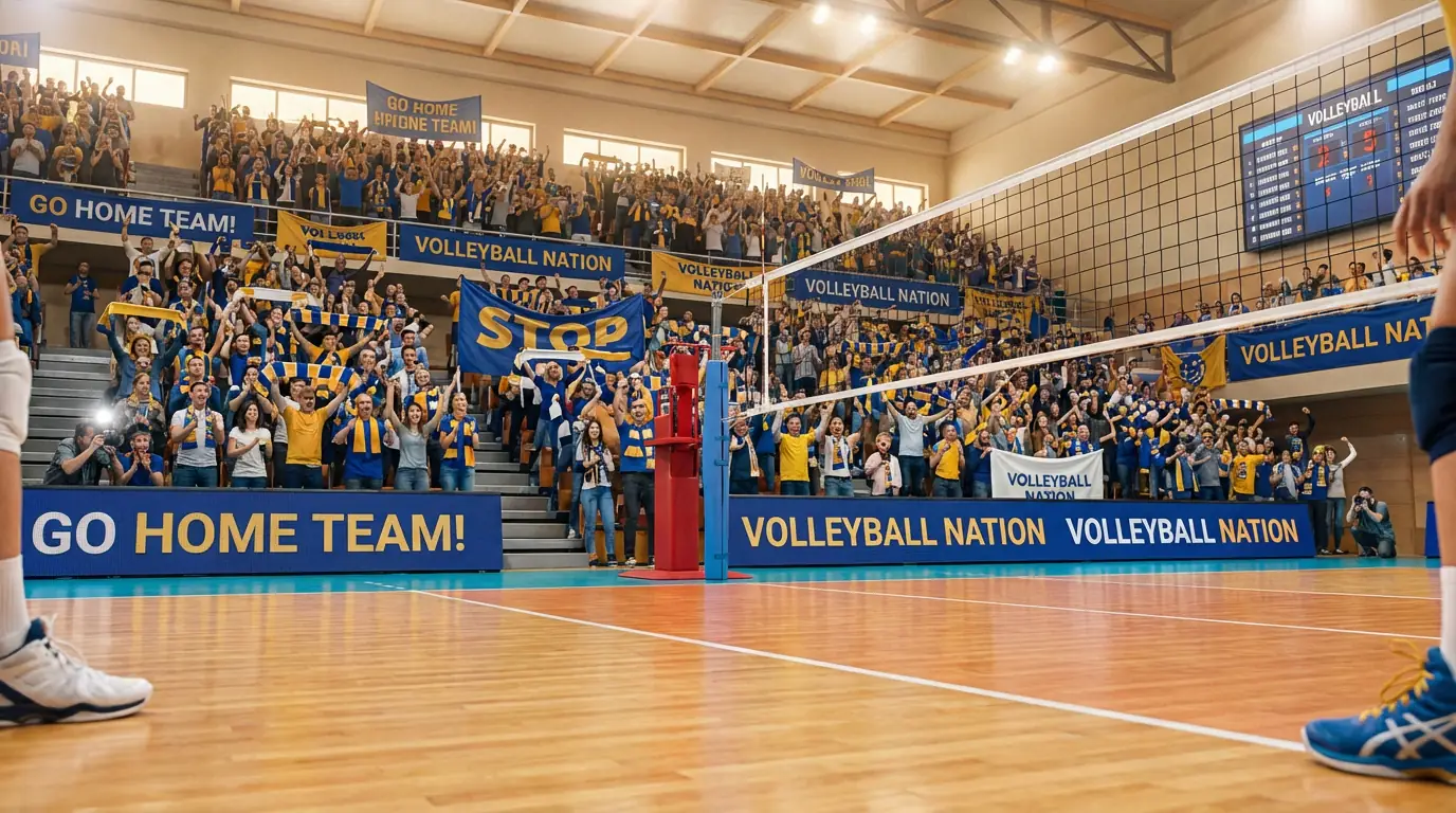 Salle de volleyball remplie de supporters locaux encourageant leur équipe