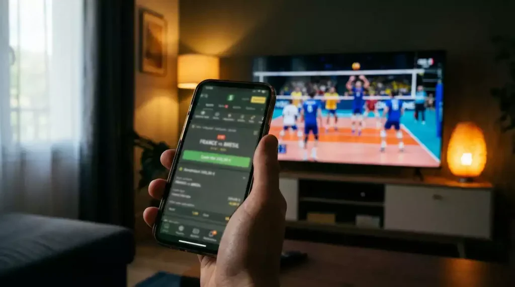 Smartphone affichant un bouton cashout pendant un match de volleyball en direct