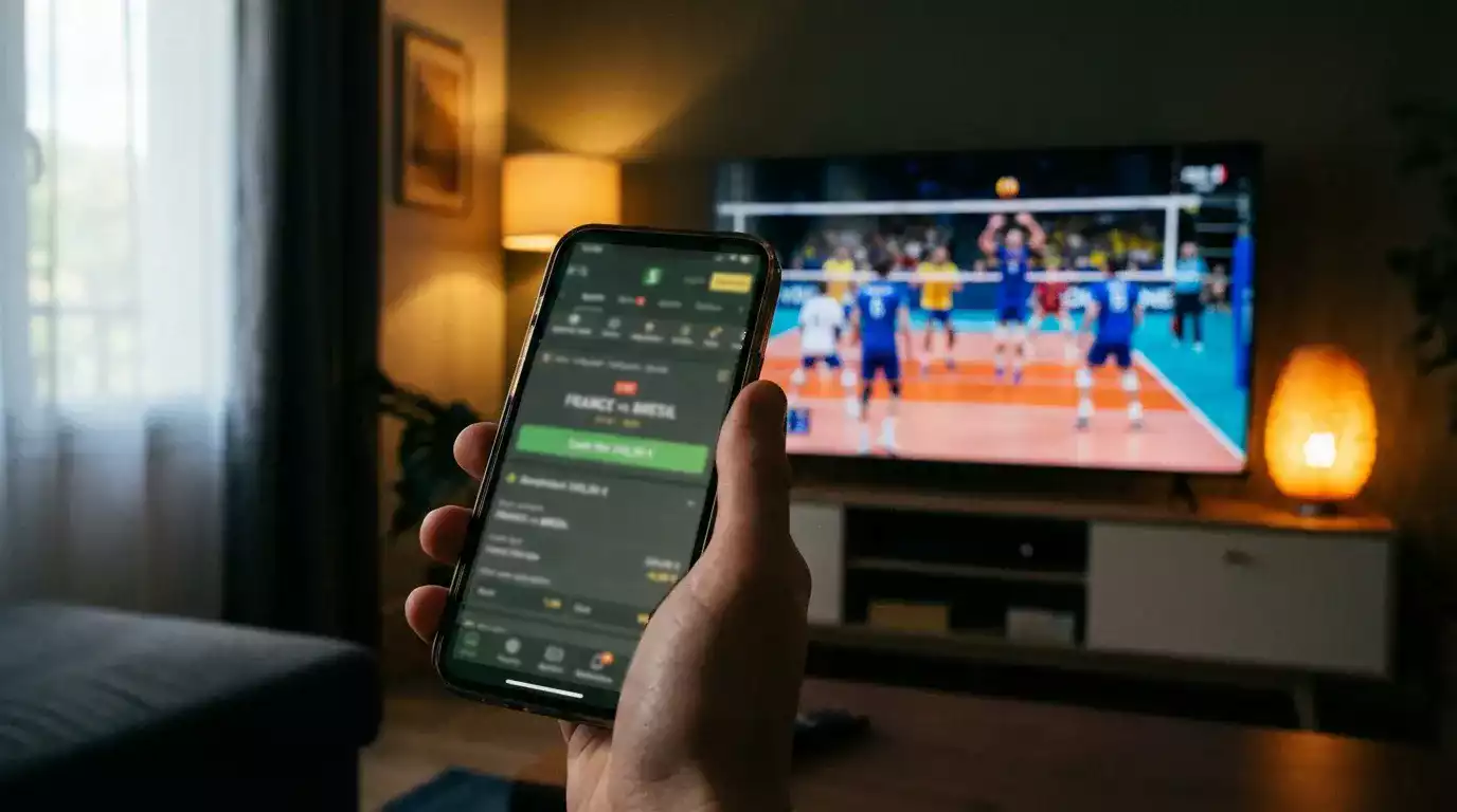 Smartphone affichant un bouton cashout pendant un match de volleyball en direct