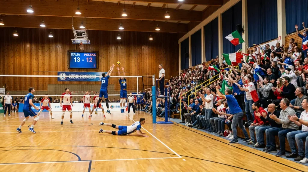Salle de volleyball européenne pendant un match de championnat national