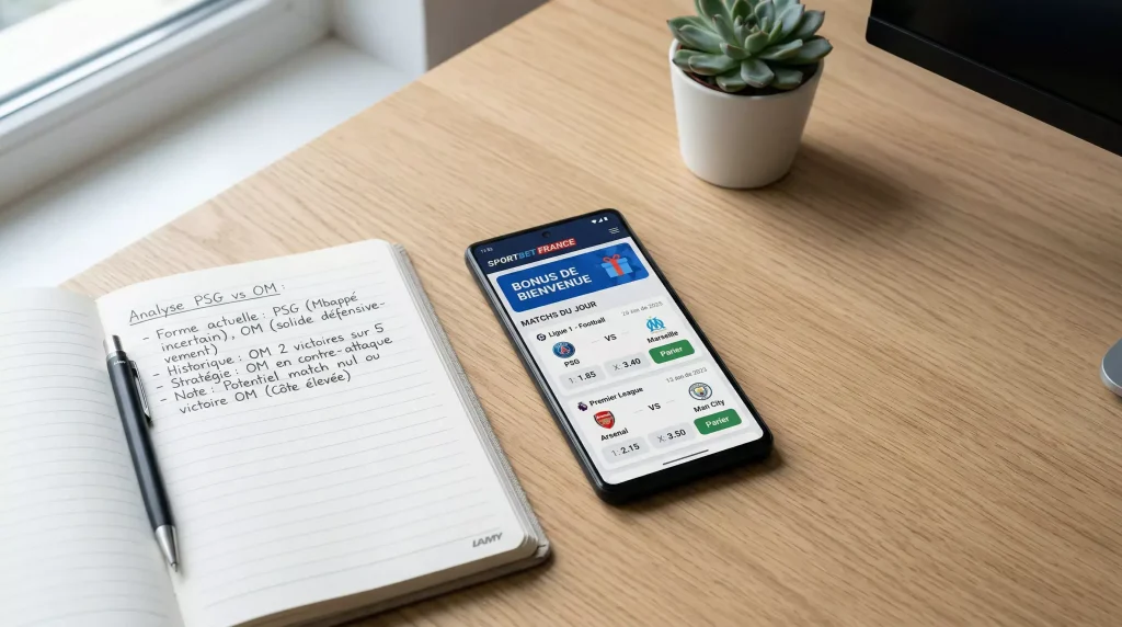 Smartphone affichant une application de paris sportifs avec une offre de bonus