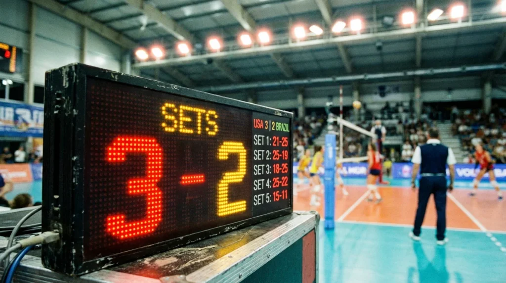 Tableau de score de volleyball affichant un résultat 3-2 en sets