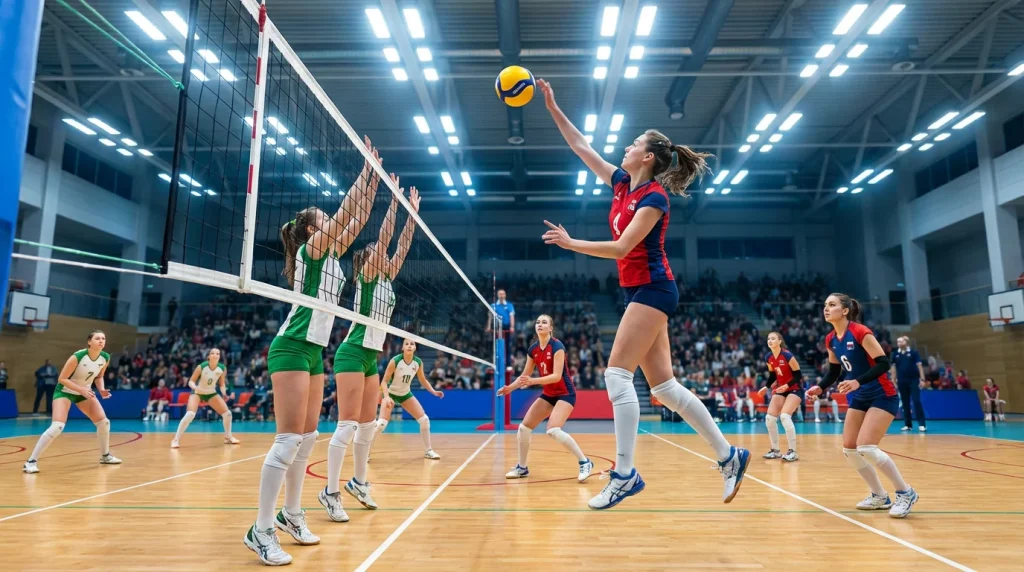 Match de volleyball en direct avec des joueurs en action sur un terrain indoor