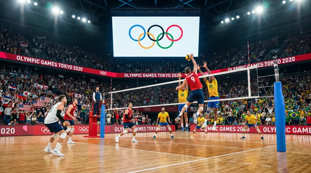 Match de volleyball olympique dans une arena avec anneaux olympiques visibles