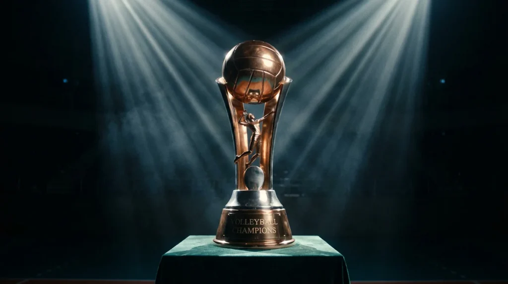 Trophée de volleyball posé sur un podium avec projecteurs
