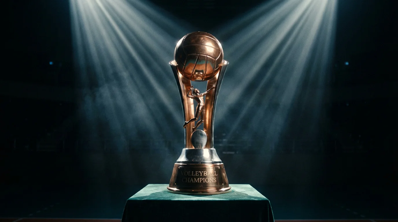 Trophée de volleyball posé sur un podium avec projecteurs