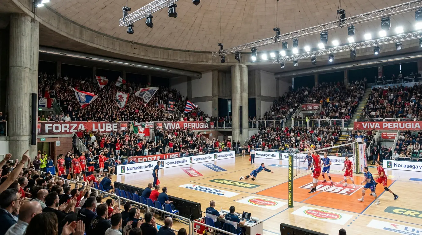 Match de SuperLega italienne de volleyball dans un palazzetto avec tifosi