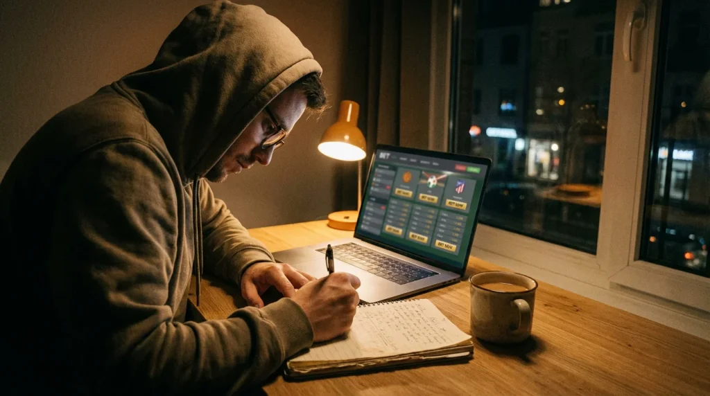 Personne analysant des cotes de volleyball sur un écran avec un carnet de notes