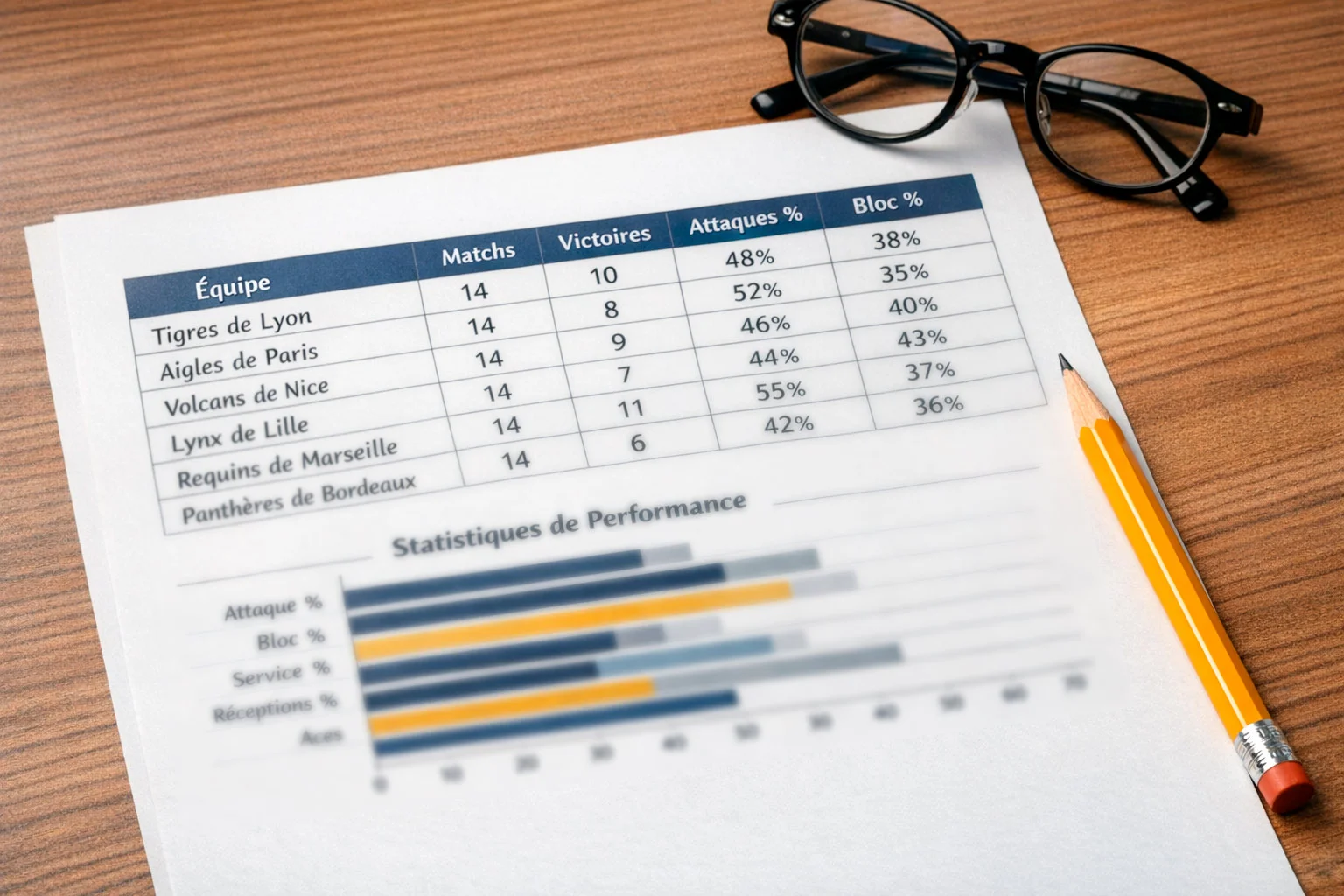 Tableau de statistiques de performance volleyball avec graphiques simples
