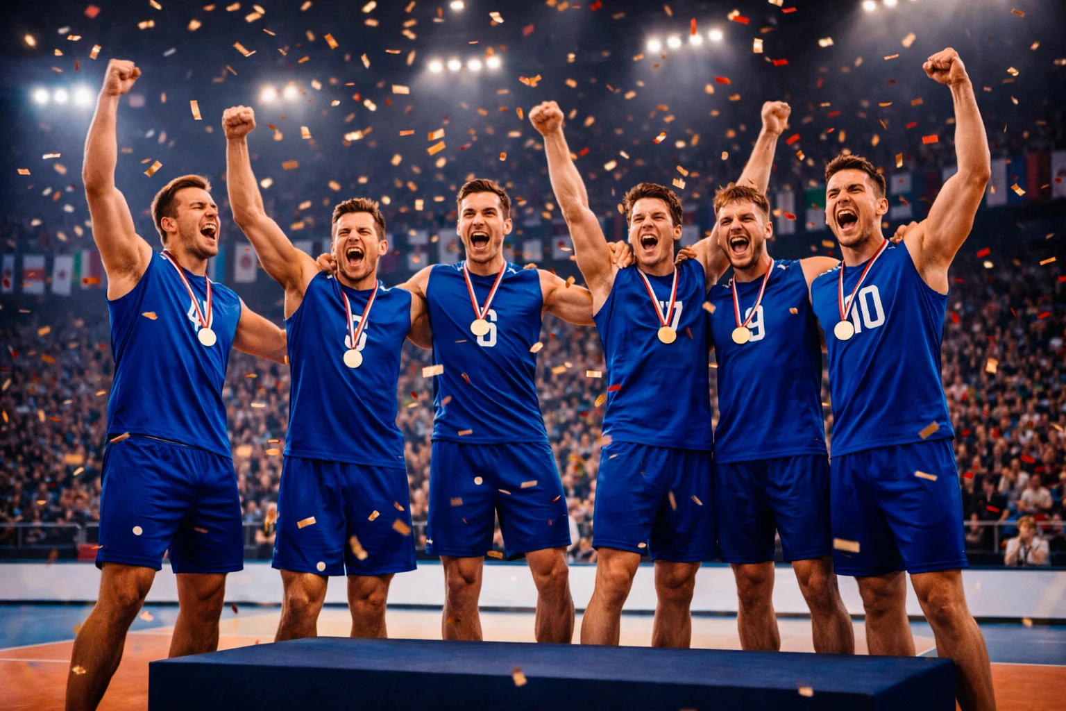 Équipe nationale de volley-ball célébrant une victoire sur le podium