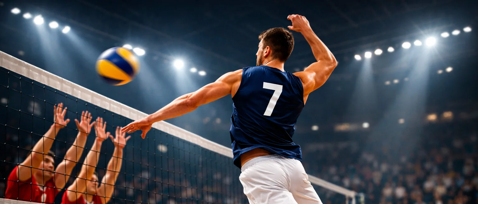Match de volley-ball professionnel avec joueur effectuant une attaque au filet