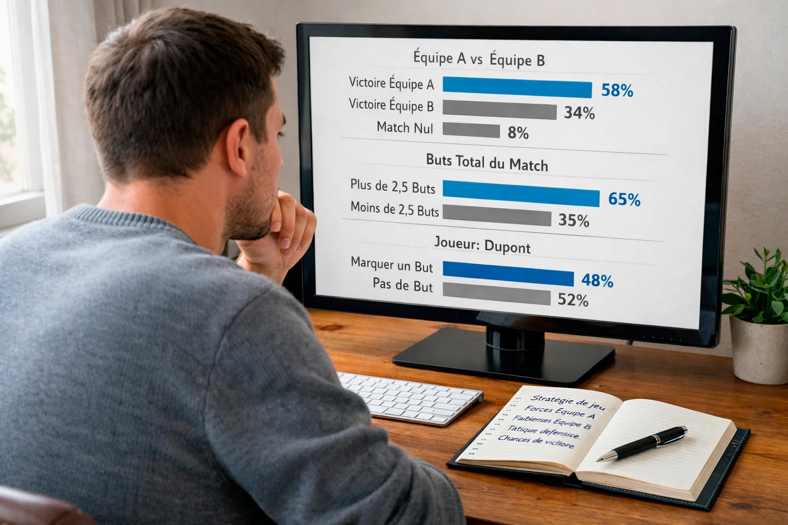 Personne analysant des statistiques de volley-ball sur un écran avec notes manuscrites